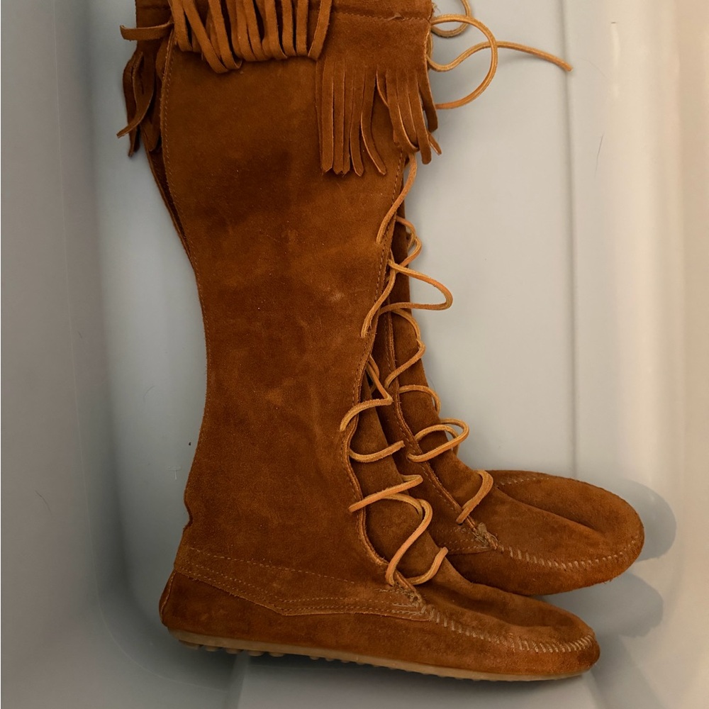 Minnetonka Fringed Suede Knee-High Boots - Tan